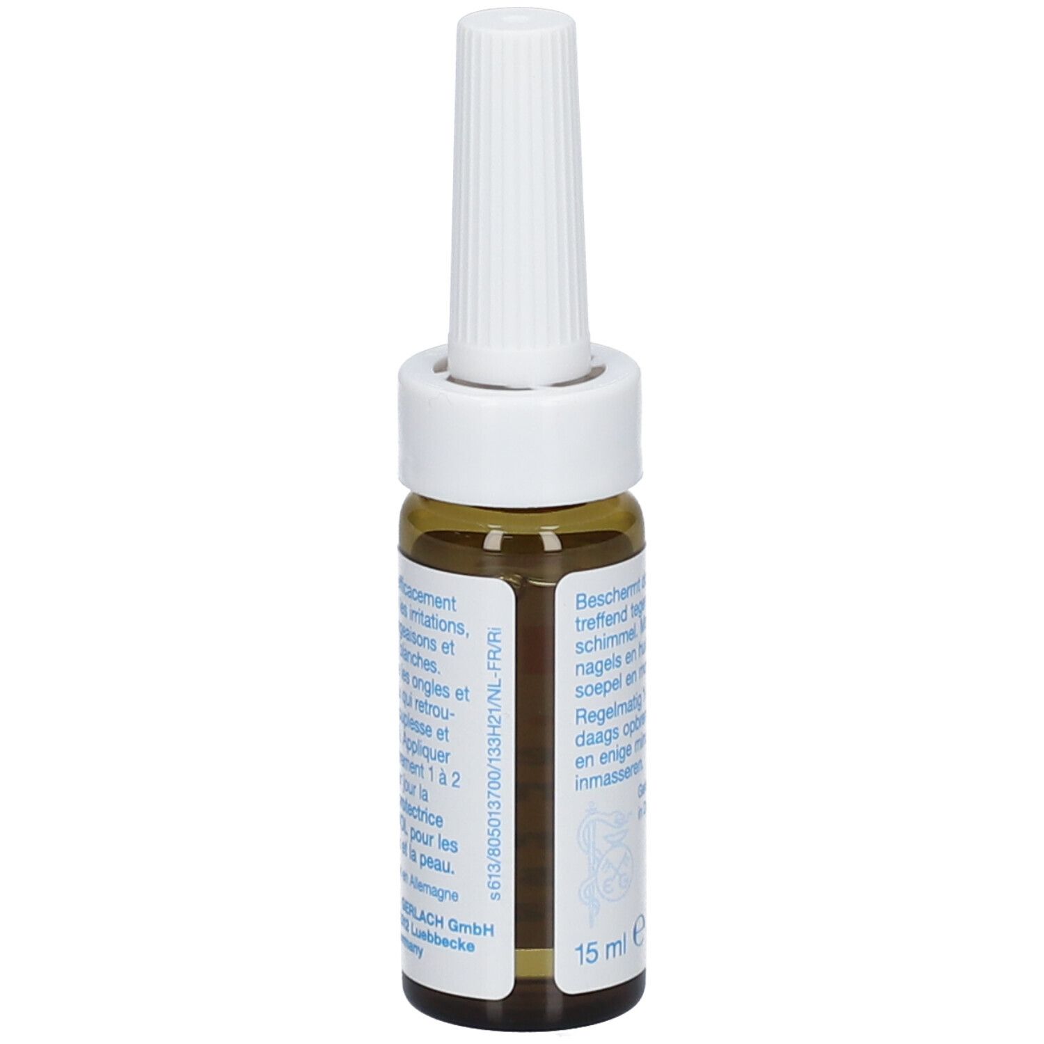 Bruine glazen fles met witte applicator. Opschrift: GEHWOL med. Tekst in het Nederlands en Frans. 15 ml.