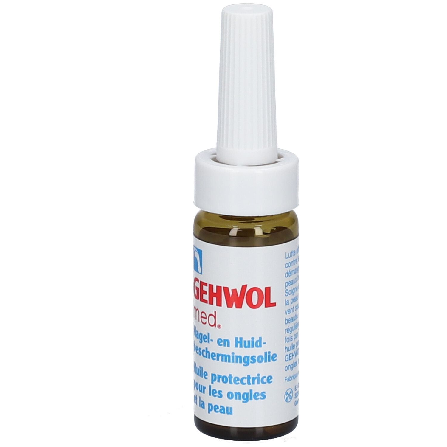 Bruine glazen fles met witte applicator. Opschrift: GEHWOL med. Nagel- en Huidsbeschermingsolie. Olie voor nagels en huid.