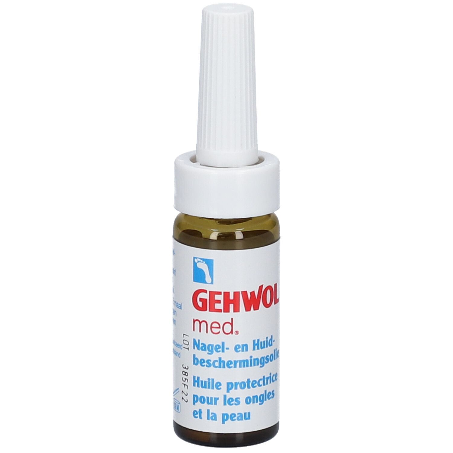 Bruine glazen fles met witte applicator. Opschrift: GEHWOL med. Nagel- en Huidsbeschermingsolie. Olie voor nagels en huid.