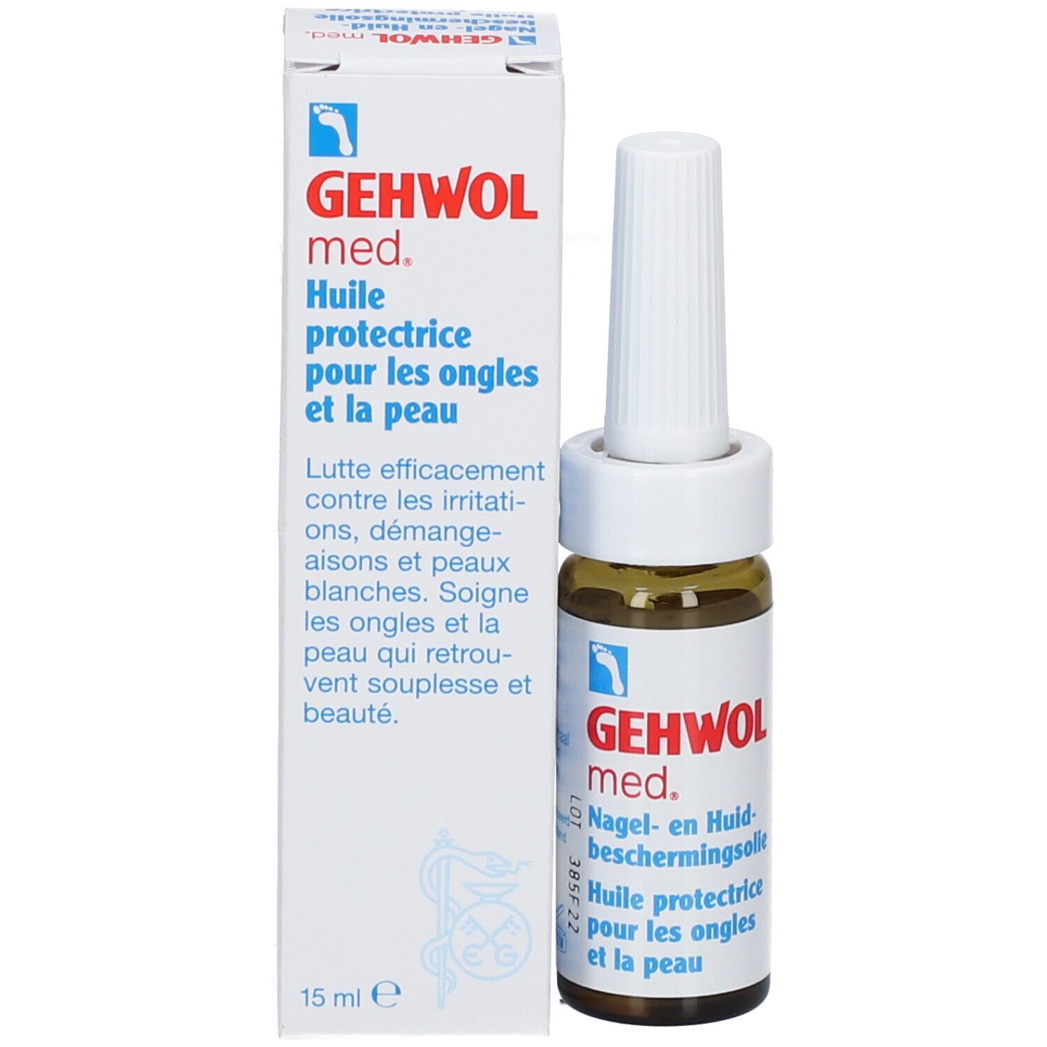 Product en verpakking. Witte doos met opschrift: GEHWOL med. Huile protectrice pour les ongles et la peau. 15 ml.