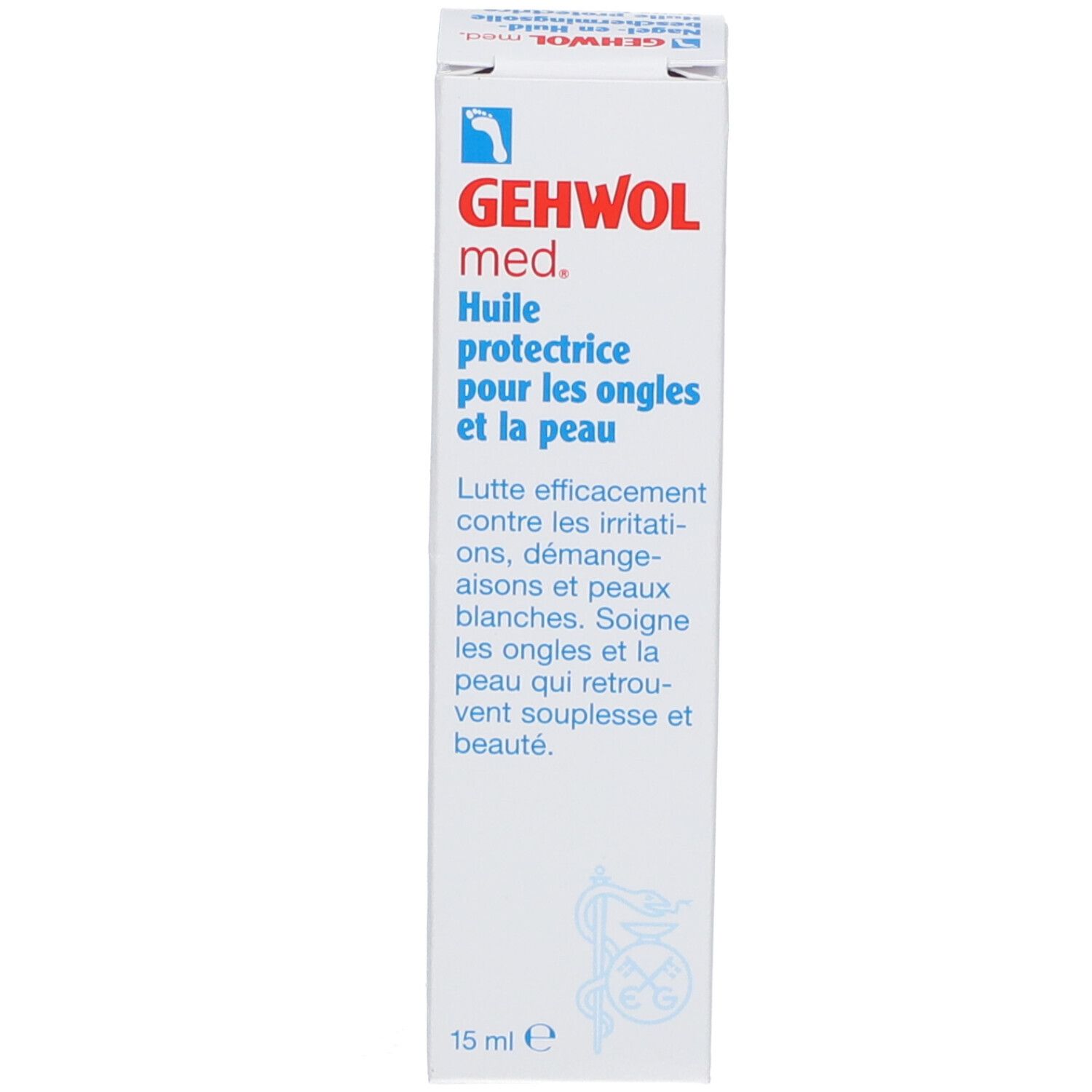 Witte doos met opschrift: GEHWOL med. Huile protectrice pour les ongles et la peau. 15 ml.