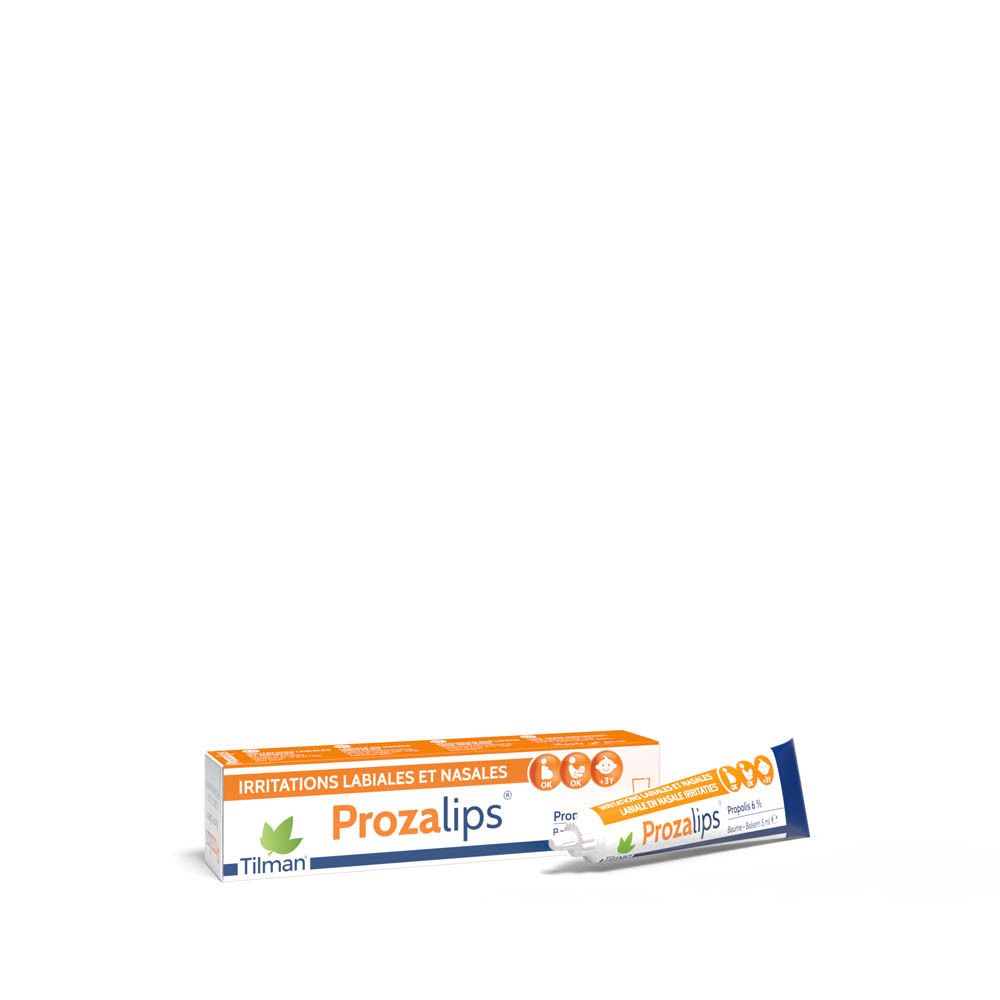 Baume Prozalips et emballage. Blanc, orange. Contient 6% de propolis. Pour irritations labiales et nasales.