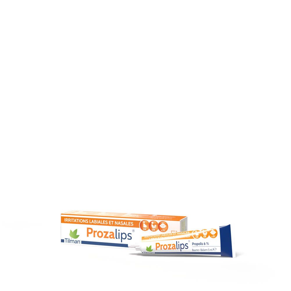 Baume Prozalips et emballage. Blanc, orange. Contient 6% de propolis. Pour irritations labiales et nasales.