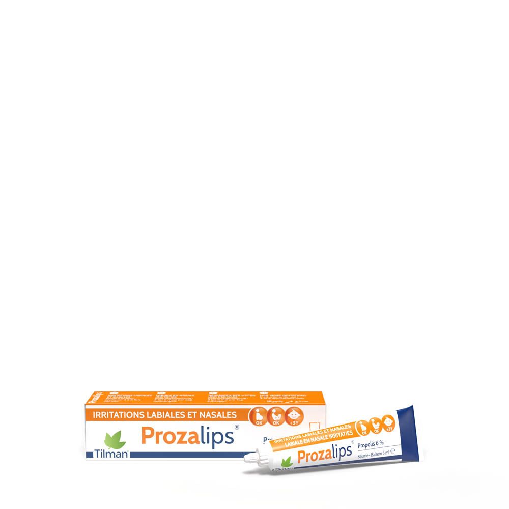 Baume Prozalips et emballage. Blanc, orange. Contient 6% de propolis. Pour irritations labiales et nasales.