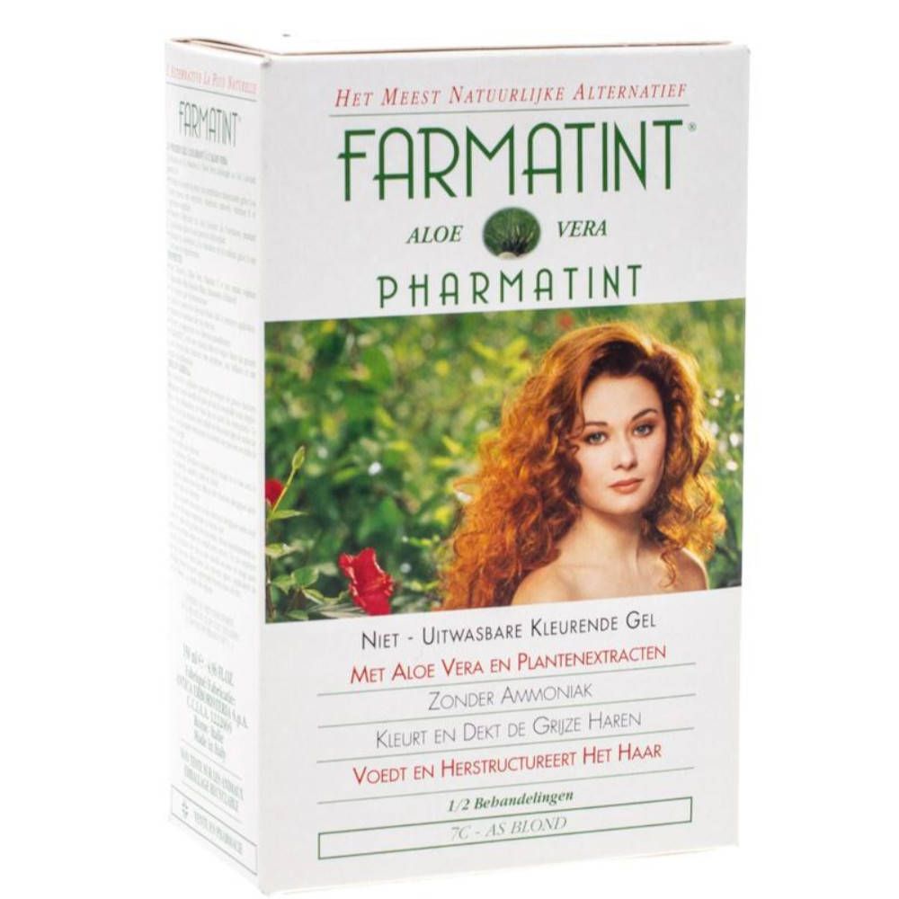 Scatola FARMATINT. Scritta: Aloe Vera, 7C Biondo cenere. Donna con capelli rossi. Testo in olandese.