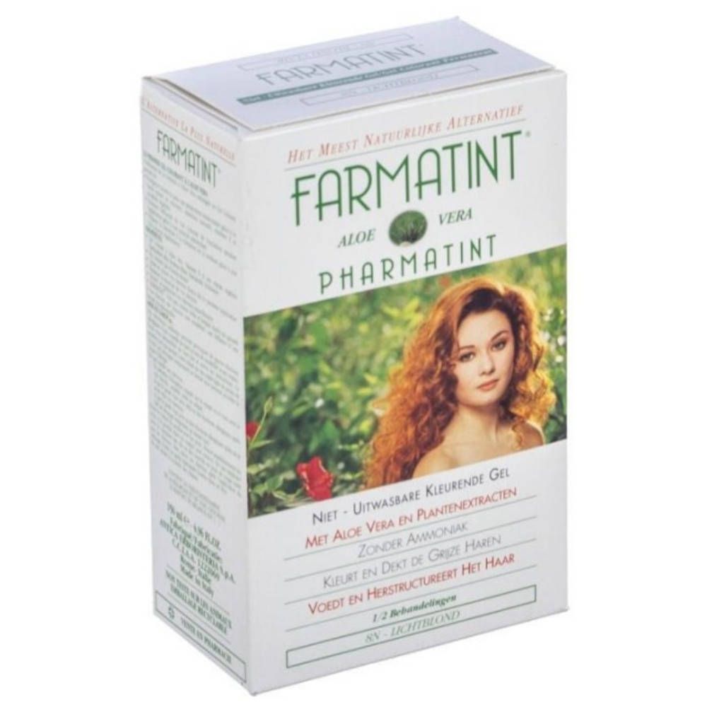 Boîte de FARMATINT 8N Blond Clair. Contient de l'aloe vera. Gel pour 1-2 applications. Inscriptions en néerlandais.