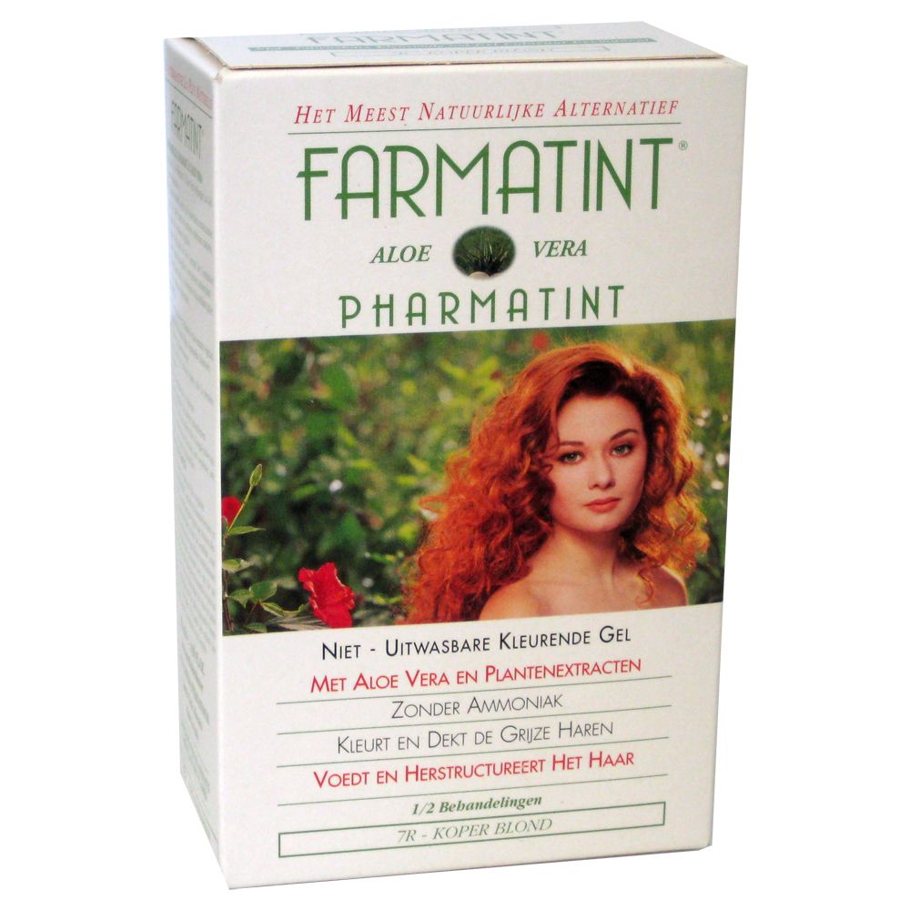 Boîte de FARMATINT Gel Colorant Permanent 7R Blond Cuivré. Contient Aloe Vera et extraits végétaux. Couvre les cheveux blancs.