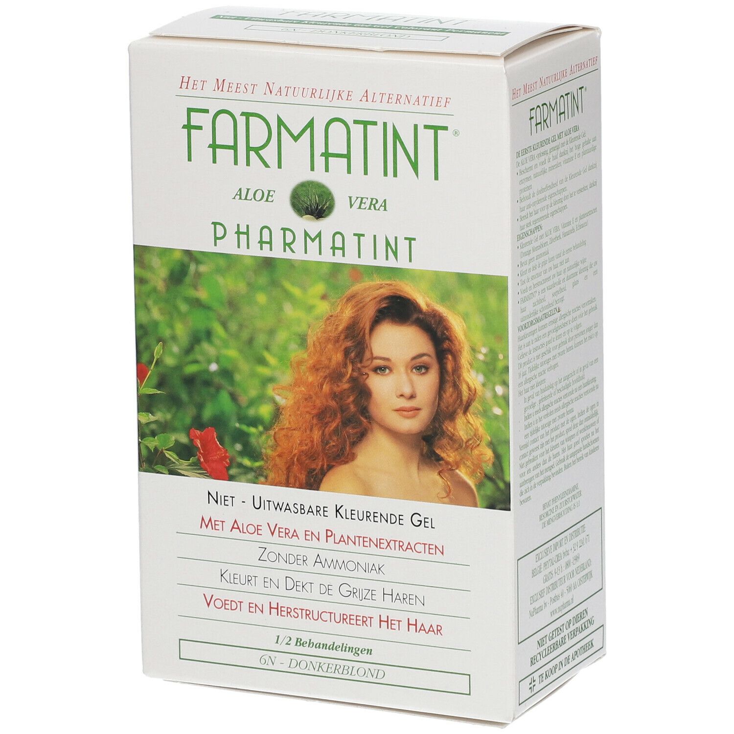 Boîte Farmatint. Inscription: Aloe Vera, 6N Blond foncé. Femme aux cheveux roux représentée.