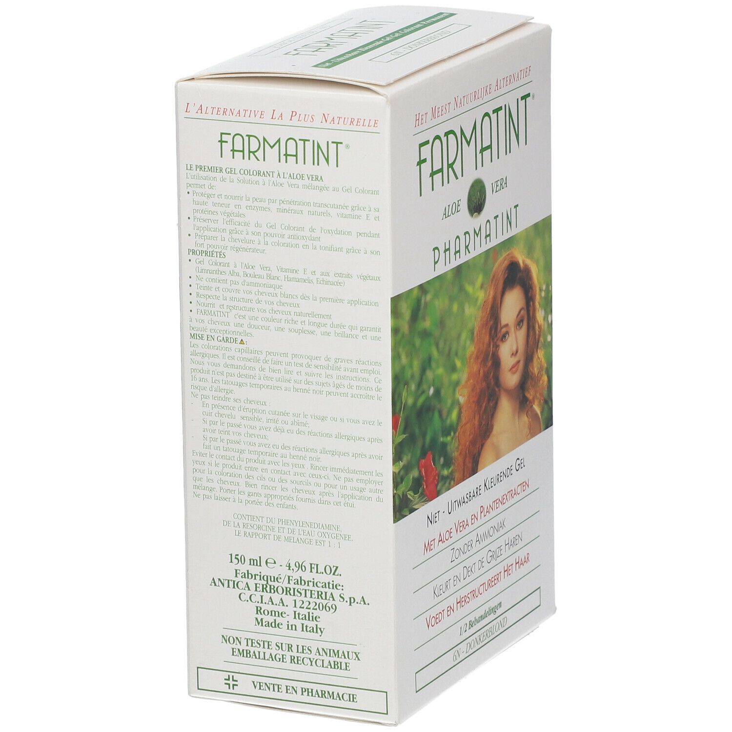 Boîte Farmatint. Texte: Aloe Vera, 150 ml. Fabriqué en Italie. Image d'une femme aux cheveux roux.