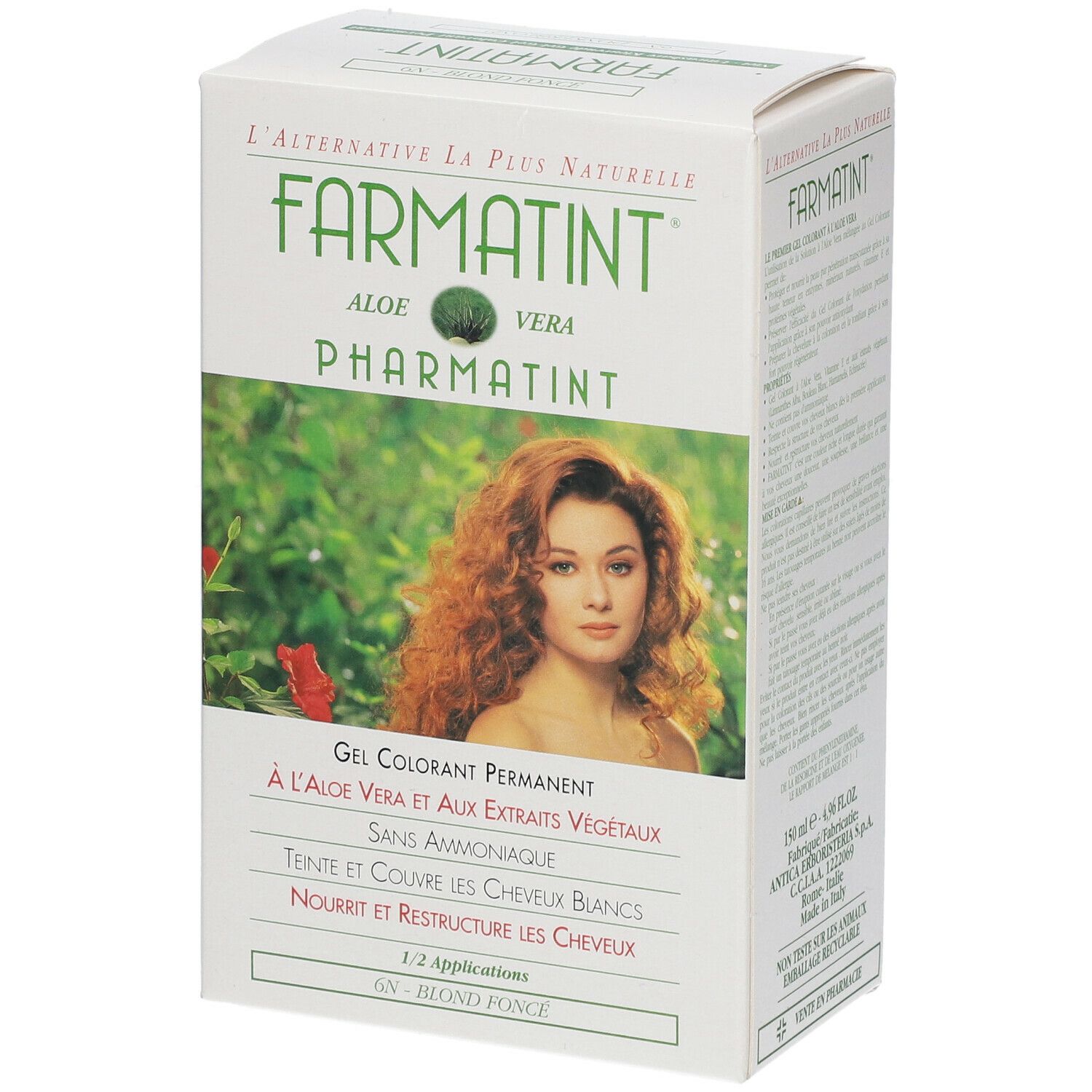 Boîte Farmatint. Inscription: Aloe Vera, Blond foncé. Femme aux cheveux roux représentée.