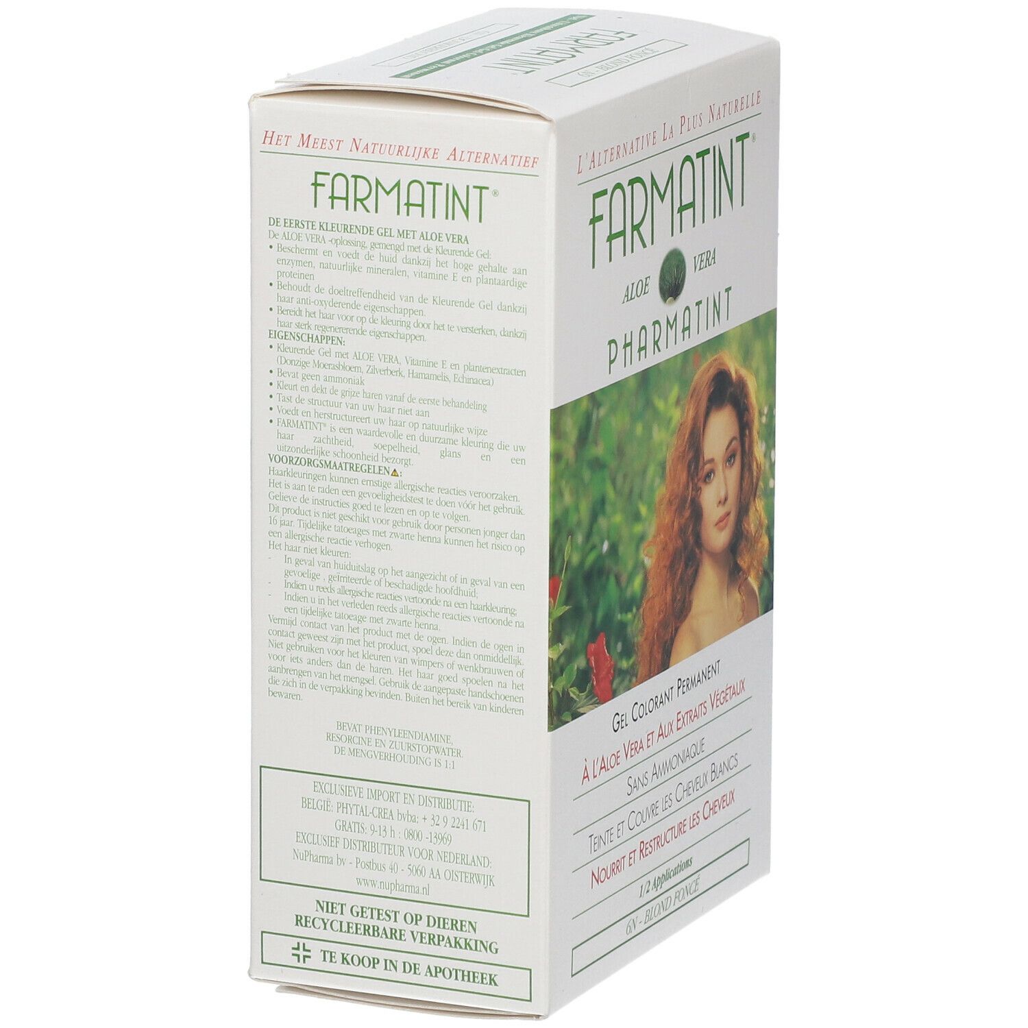 Boîte Farmatint. Texte: Aloe Vera, Blond foncé. Femme aux cheveux roux représentée.