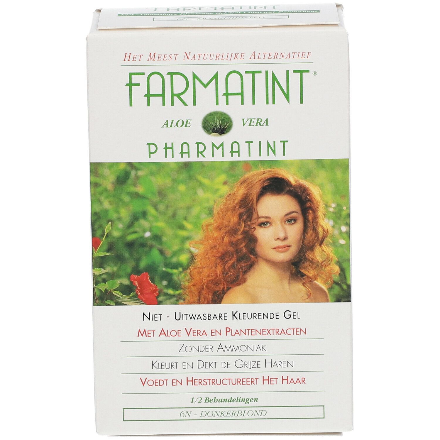 Boîte Farmatint. Inscription: Aloe Vera, 6N Blond foncé. Femme aux cheveux roux représentée.