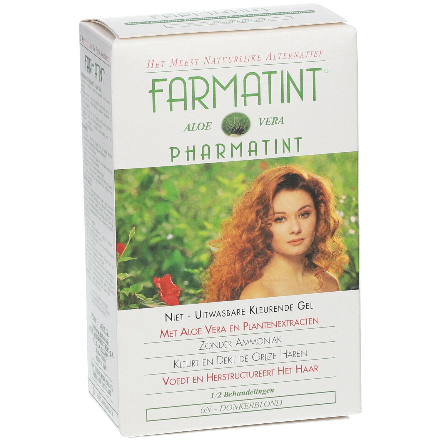 Boîte Farmatint. Inscription: Aloe Vera, 6N Blond foncé. Femme aux cheveux roux représentée.