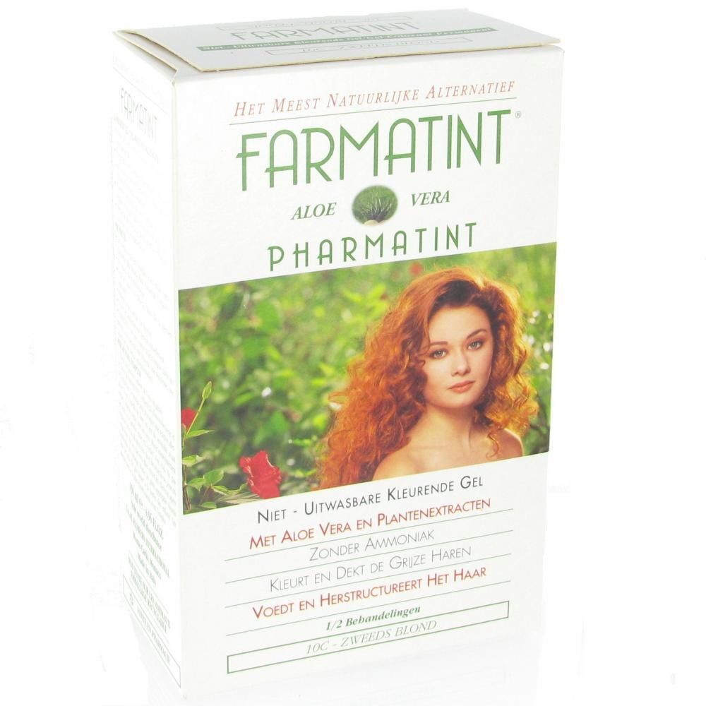 Boîte de FARMATINT. Inscription: Aloe Vera, Pharmatint, 10C Blond suédois. Femme aux cheveux roux sur l'emballage.
