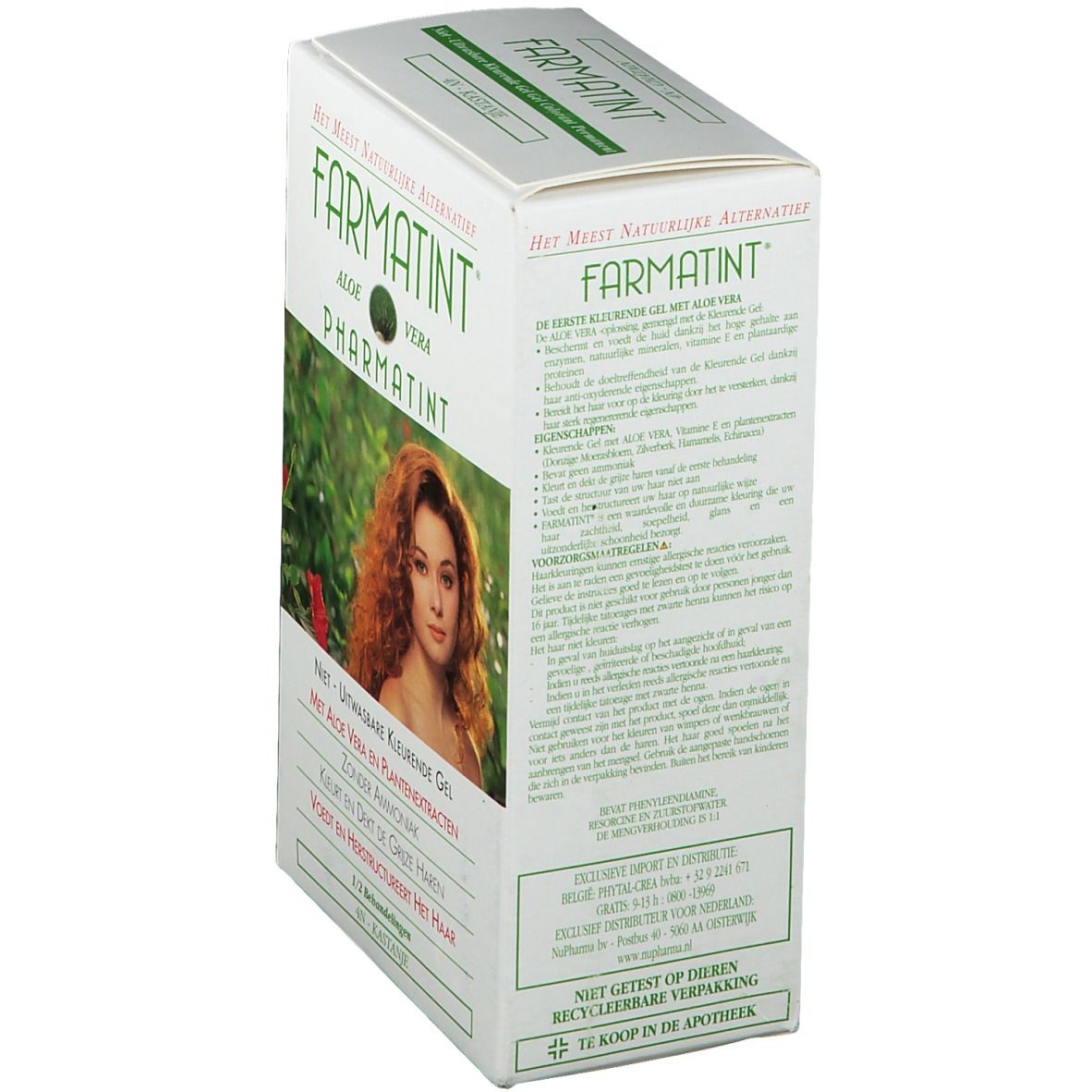 Boîte Farmatint, vue latérale. Inscriptions: Aloe Vera, Pharmatint. Texte en néerlandais. Image d'une femme aux cheveux roux.
