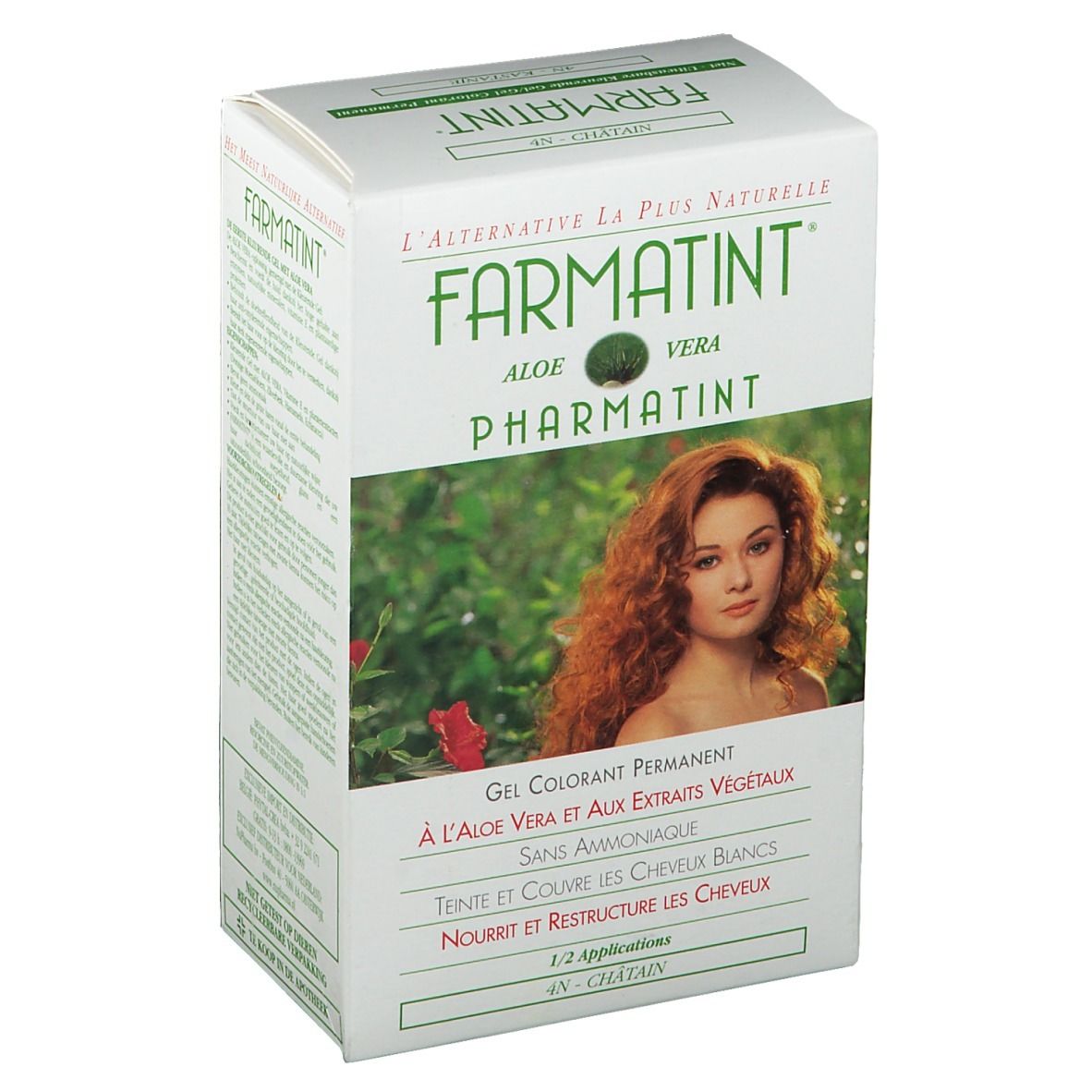 Boîte Farmatint. Inscriptions: Aloe Vera, Pharmatint, 4N Châtain. Image d'une femme aux cheveux roux. Texte en français.