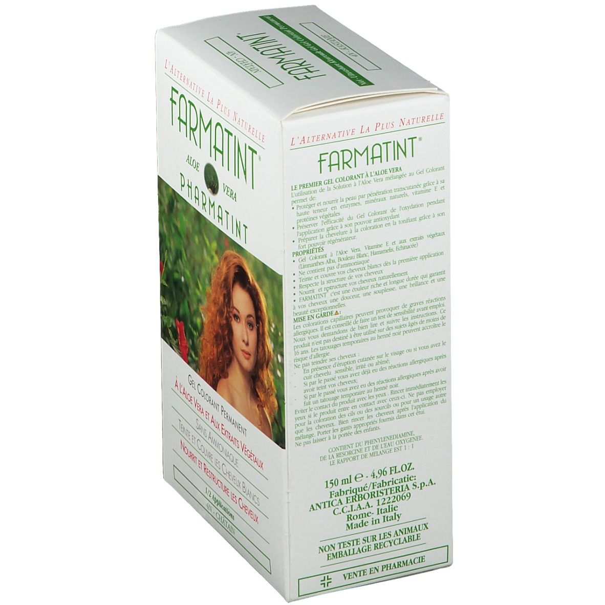 Boîte Farmatint, vue latérale. Inscriptions: Aloe Vera, Pharmatint. Texte en italien. Image d'une femme aux cheveux roux.