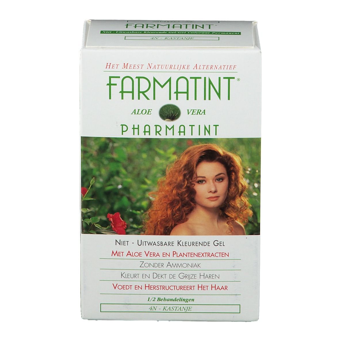 Boîte Farmatint. Inscriptions: Aloe Vera, Pharmatint, 4N Châtain. Image d'une femme aux cheveux roux.