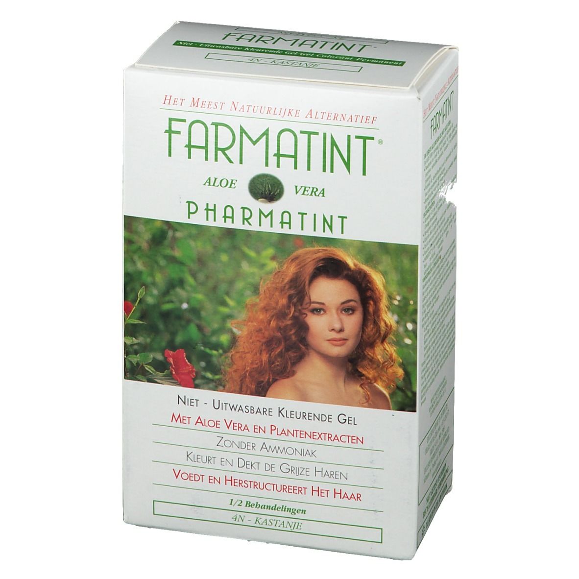 Boîte Farmatint. Inscriptions: Aloe Vera, Pharmatint, 4N Châtain. Image d'une femme aux cheveux roux.