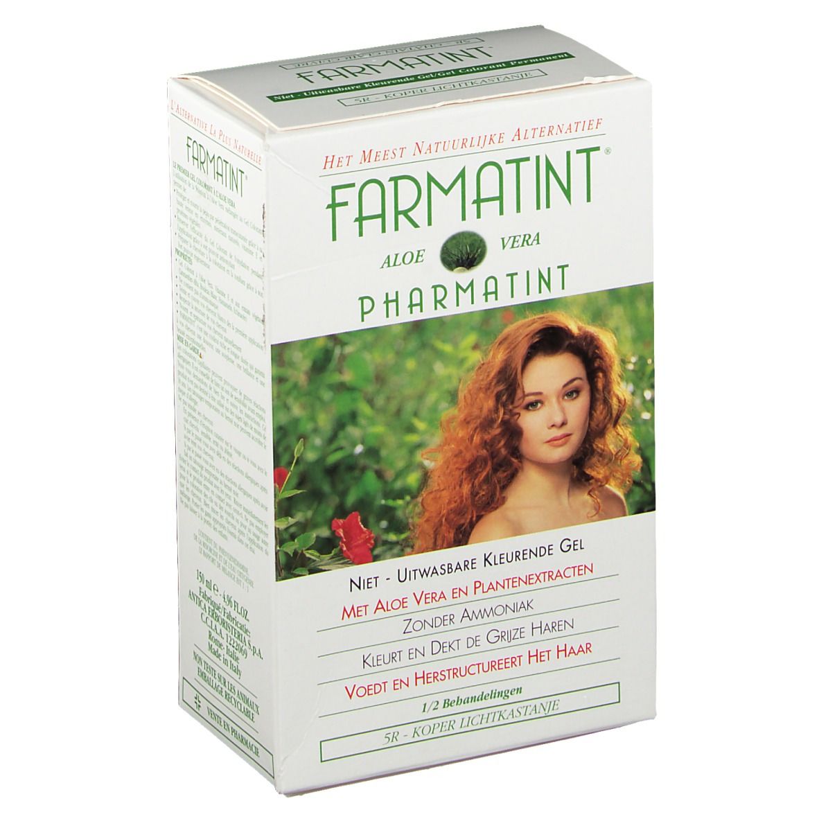 Famatint Haarfarbe 5R-verpakking. Witte doos met productnaam en afbeelding van een vrouw met rood haar. Tekst in het Nederlands.