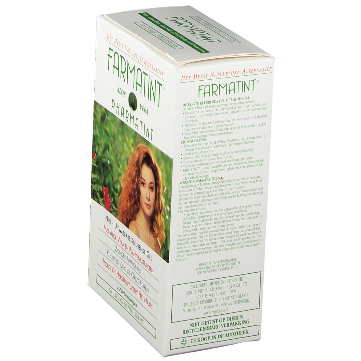 Famatint Haarfarbe 5R-verpakking, schuin. Witte doos met productnaam en afbeelding van een vrouw met rood haar. Tekst in het Nederlands.