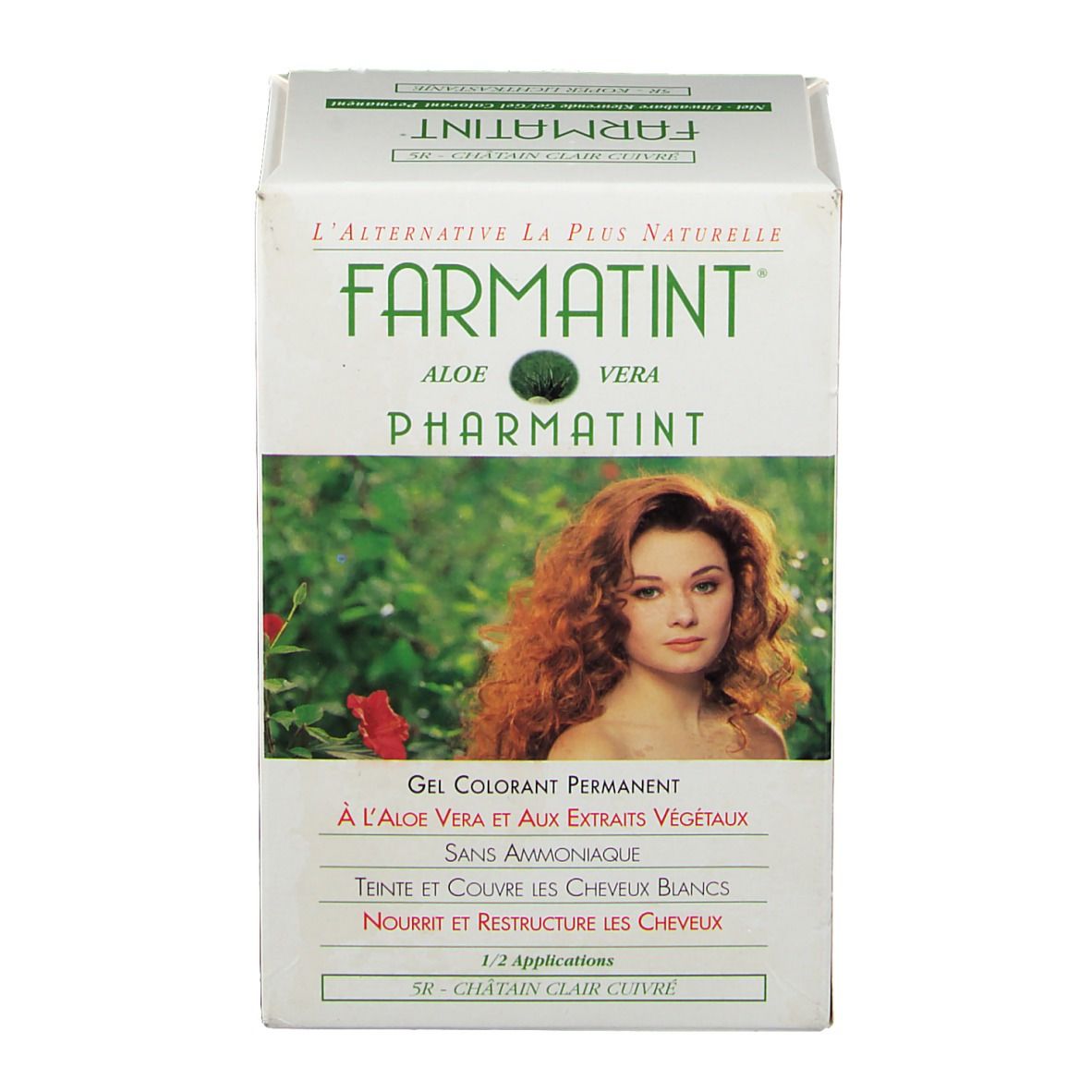 Famatint Haarfarbe 5R-verpakking. Witte doos met productnaam en afbeelding van een vrouw met rood haar. Tekst in het Frans.