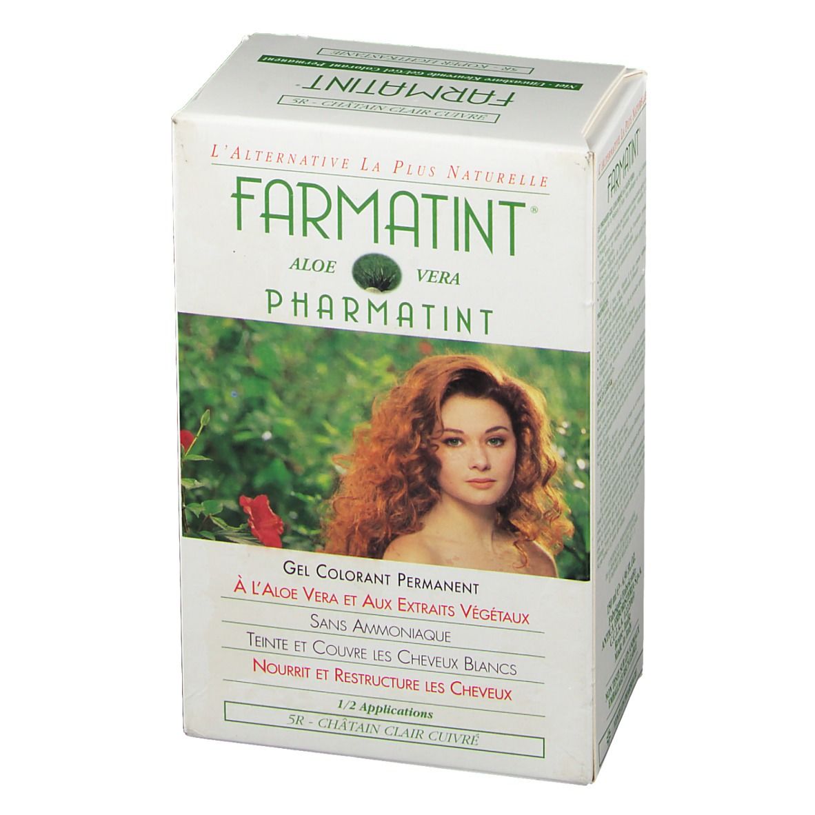 Famatint Haarfarbe 5R-verpakking. Witte doos met productnaam en afbeelding van een vrouw met rood haar. Tekst in het Frans.