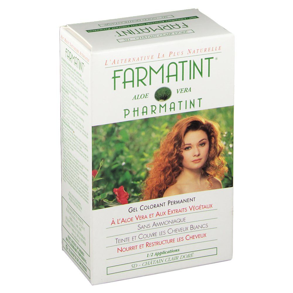Boîte de FARMATINT. Inscription: Aloe Vera, Pharmatint, Gel Colorant Permanent, 5D - Châtain Clair Doré.
