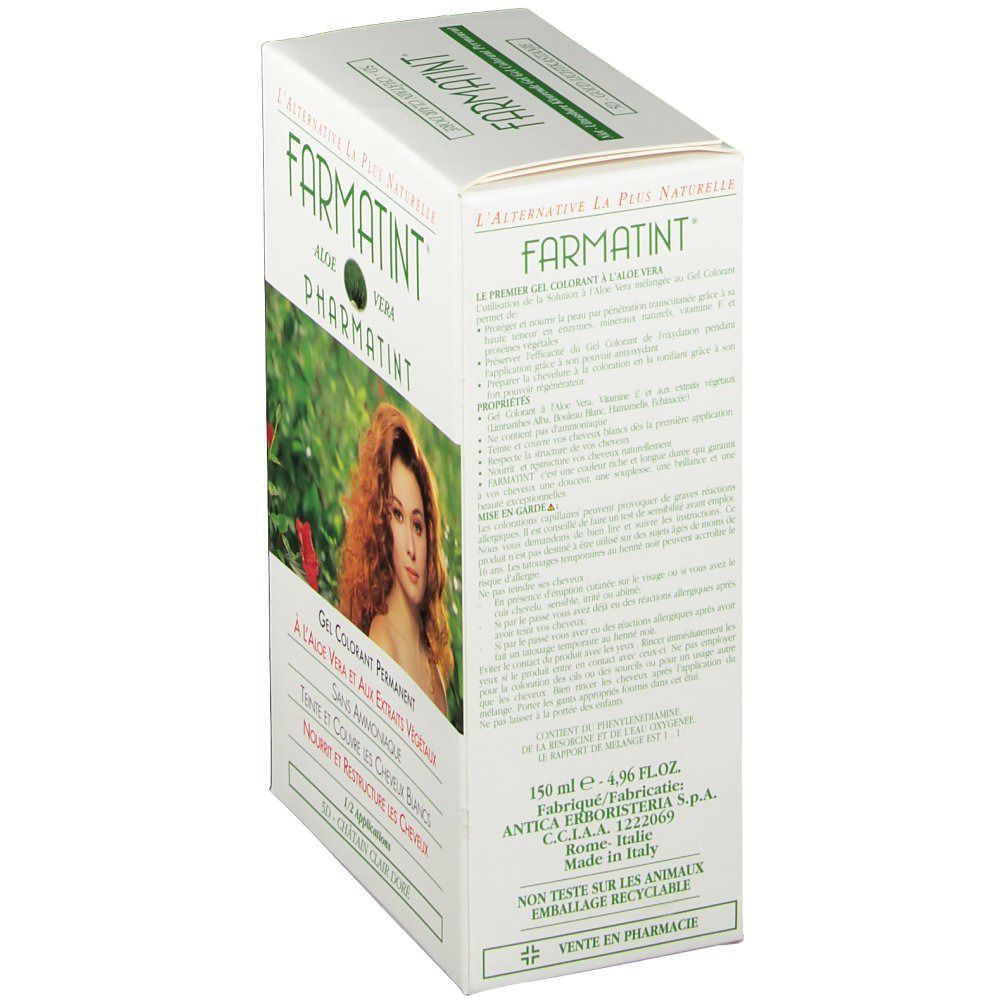 Vue latérale de la boîte FARMATINT. Inscription: Aloe Vera, Pharmatint, Gel Colorant Permanent, 150 ml, non testé sur les animaux.