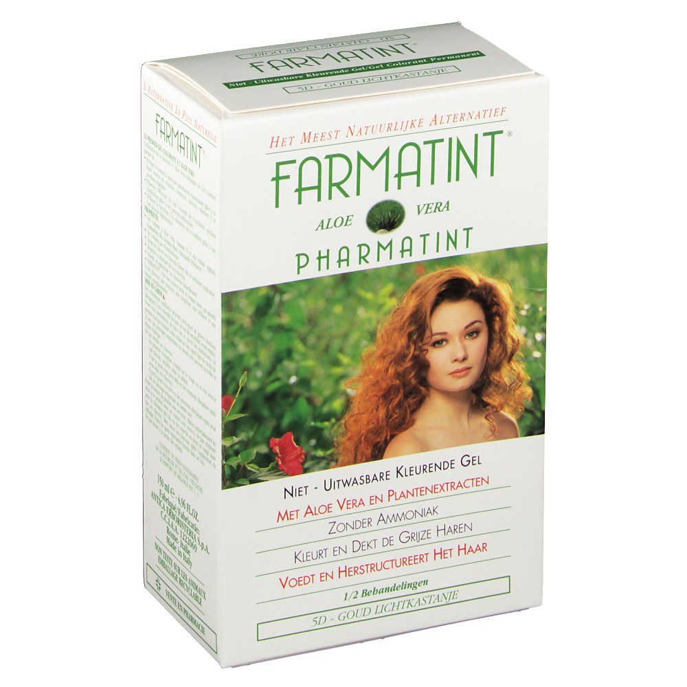 Boîte de FARMATINT. Inscription: Aloe Vera, Pharmatint, Gel Colorant Permanent, 5D - Châtain Clair Doré.