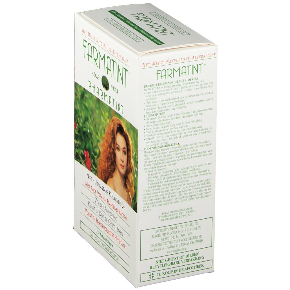 Vue latérale de la boîte FARMATINT. Inscription: Aloe Vera, Pharmatint, Gel Colorant Permanent, non testé sur les animaux.
