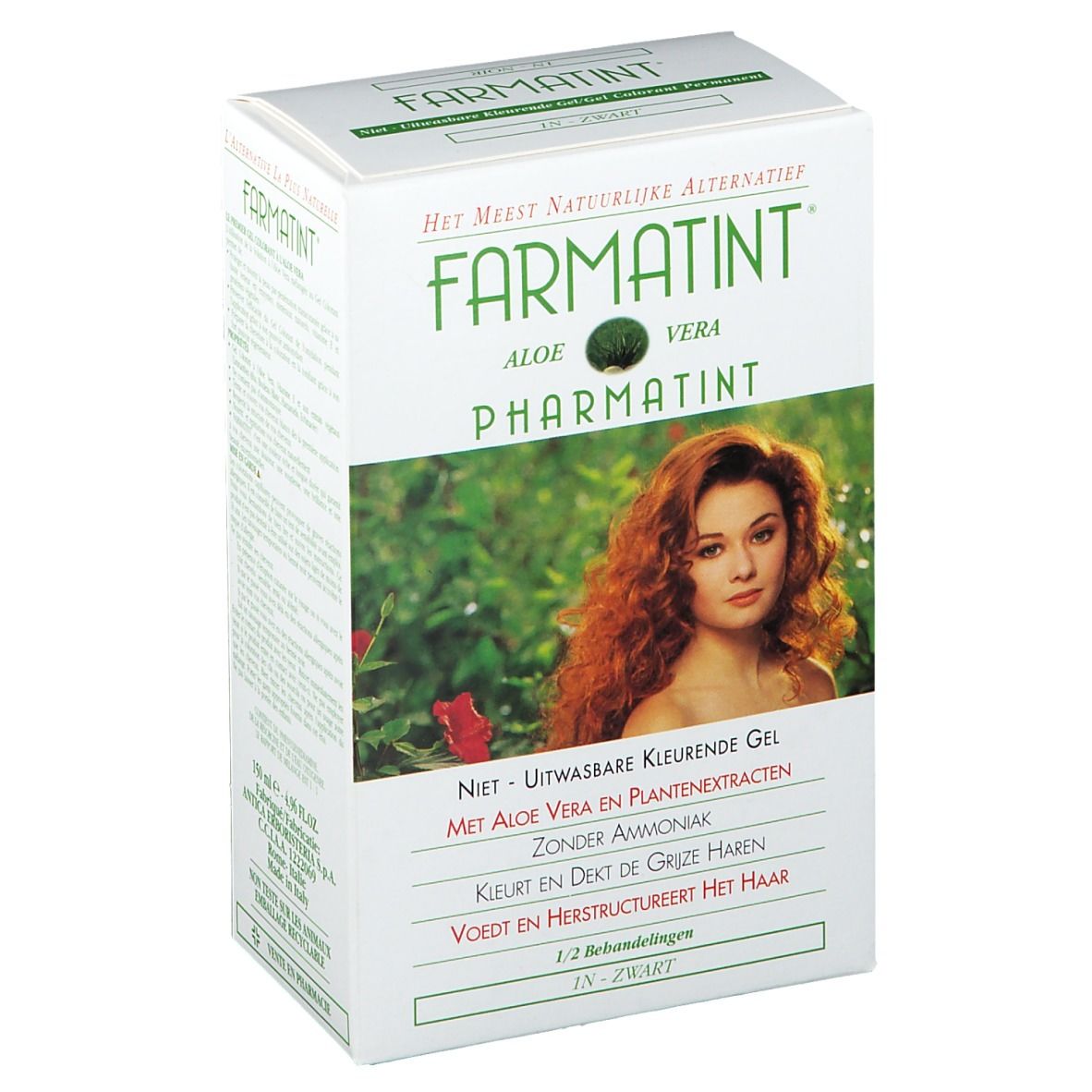Boîte blanche "Farmatint" avec femme aux cheveux roux. Texte : "Aloe Vera", "Pharmatint", "Noir".