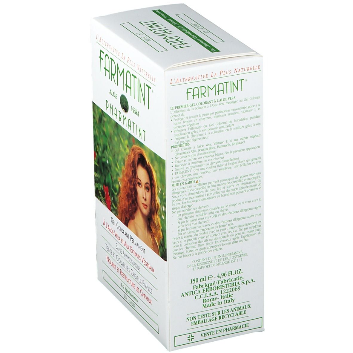 Boîte "Farmatint" blanche en biais. Femme aux cheveux roux. Texte : "Aloe Vera", "Pharmatint". Texte au dos.