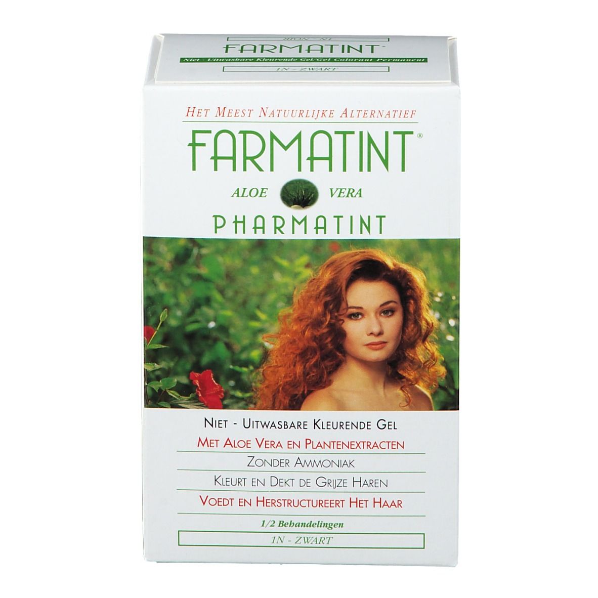 Boîte blanche "Farmatint" avec femme aux cheveux roux. Texte : "Aloe Vera", "Pharmatint", "Noir".
