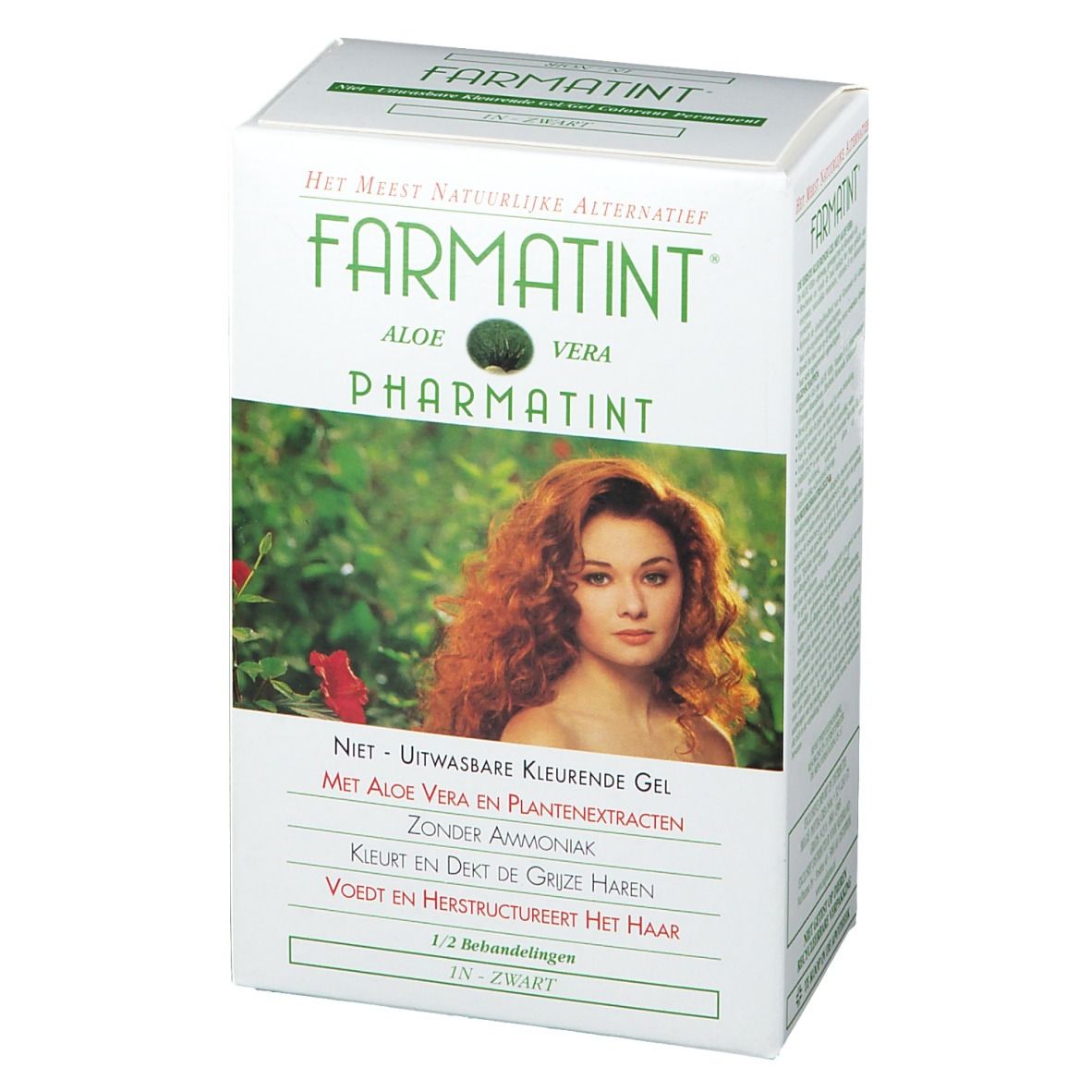 Boîte blanche "Farmatint" avec femme aux cheveux roux. Texte : "Aloe Vera", "Pharmatint", "Noir".