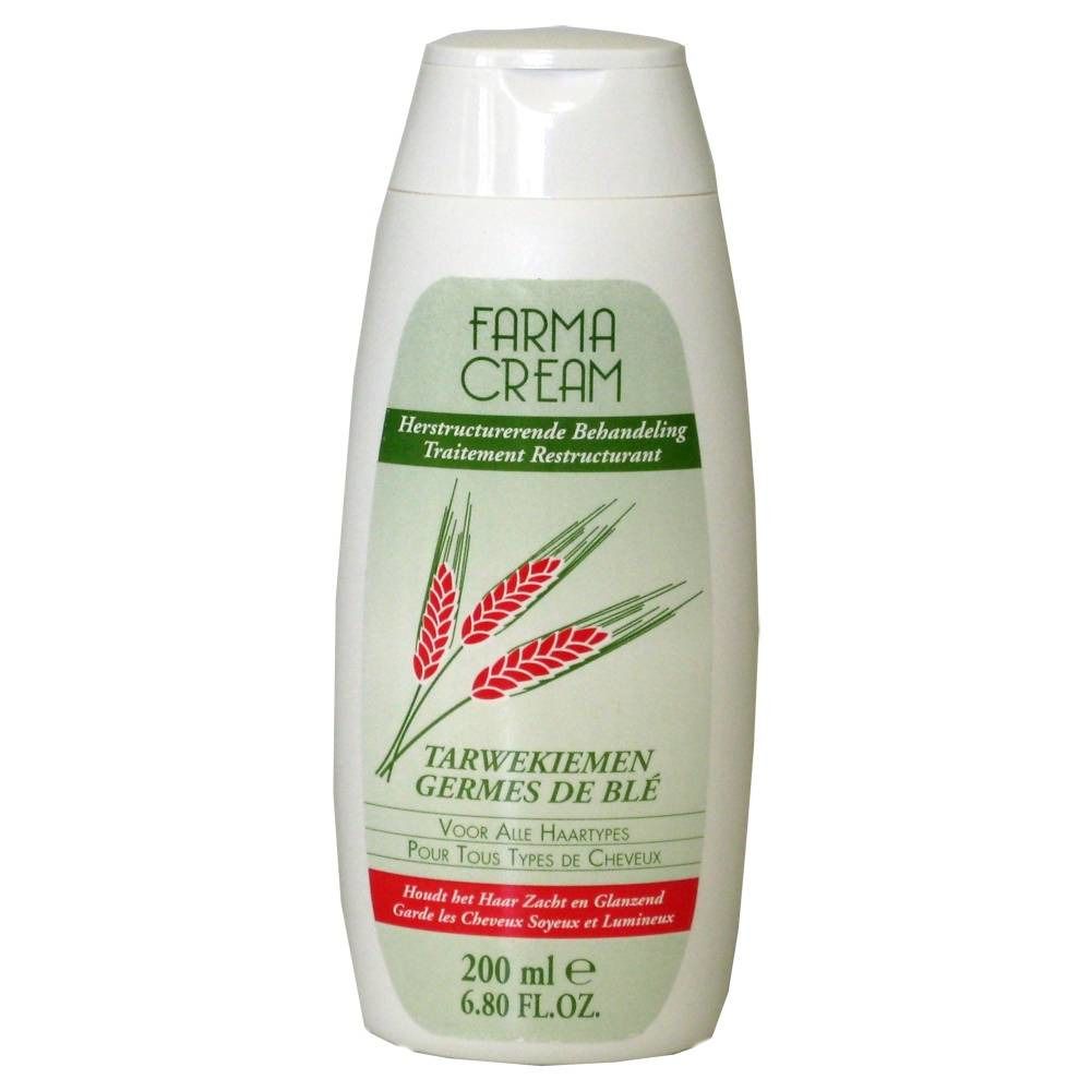 Weiße Flasche mit grünen und roten Grafiken. Text: Farma Cream, Tarwekiemen, Germes de Blé. 200 ml.