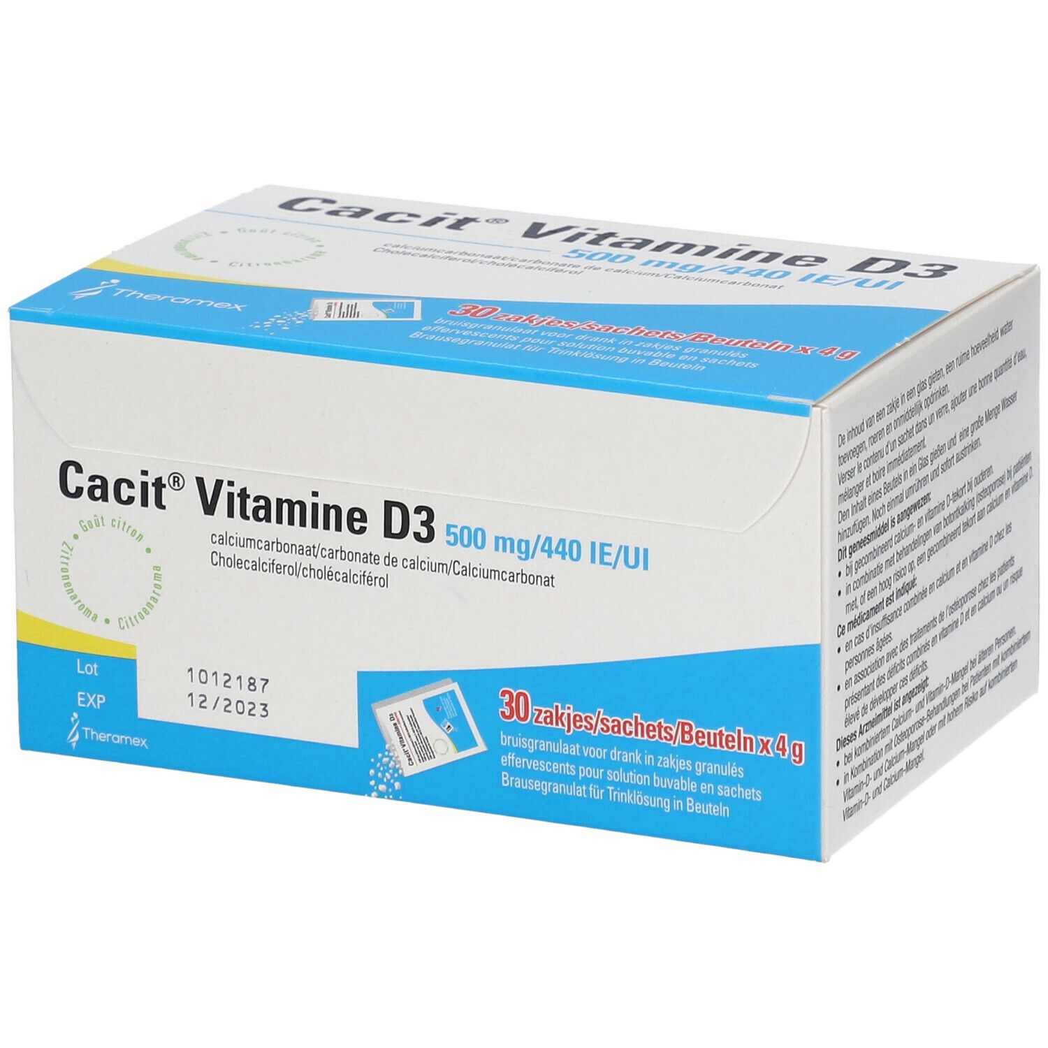 Cacit Vitamine D3 doosje met 30 zakjes. Opschrift: 500 mg/440 IE/UI. Houdbaar tot 12/2023.