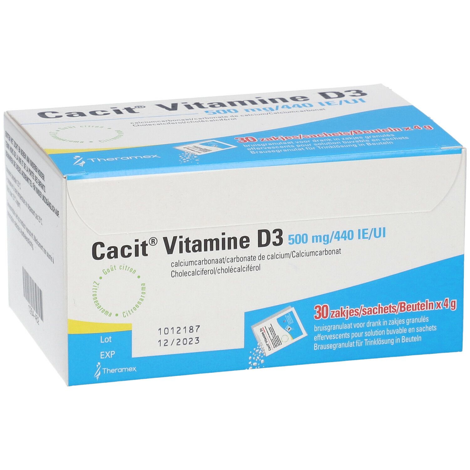 Cacit Vitamine D3 doosje met 30 zakjes. Opschrift: 500 mg/440 IE/UI. Houdbaar tot 12/2023.