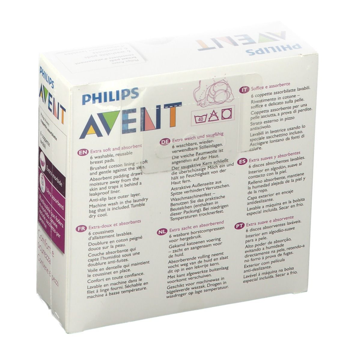 Achterkant van de verpakking met Philips Avent wasbare zoogcompressen. Meertalige tekst. Productkenmerken en wasvoorschriften.