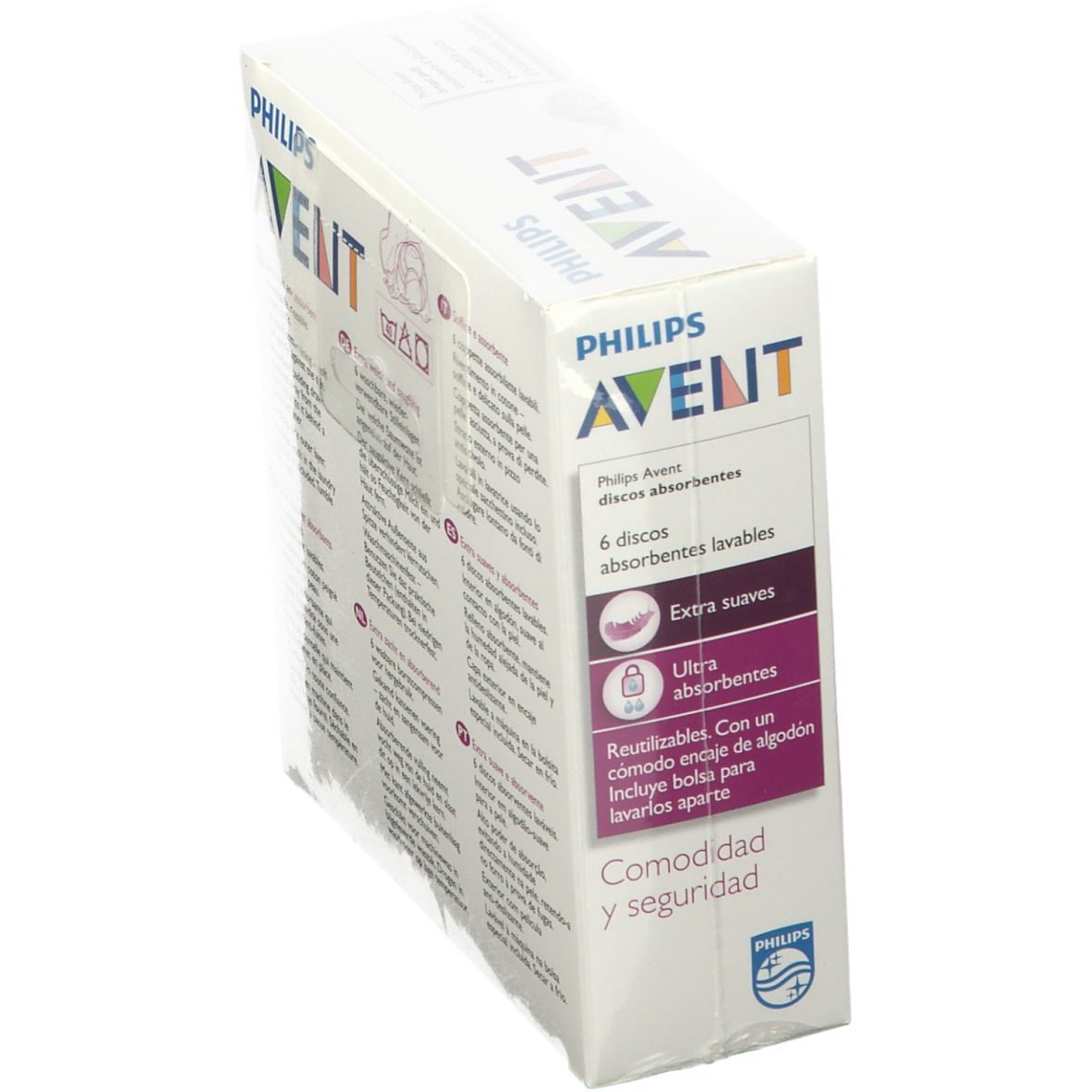 Verpakking met Philips Avent wasbare zoogcompressen, schuin van bovenaf. Tekst: 6 discs absorbentes lavables, extra zacht, herbruikbaar.
