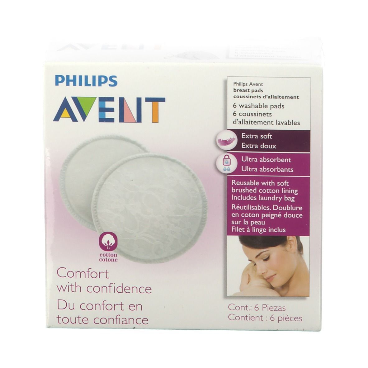 Verpakking met Philips Avent wasbare zoogcompressen. Twee ronde compressen zichtbaar. Opschriften: Extra zacht, ultra absorberend.