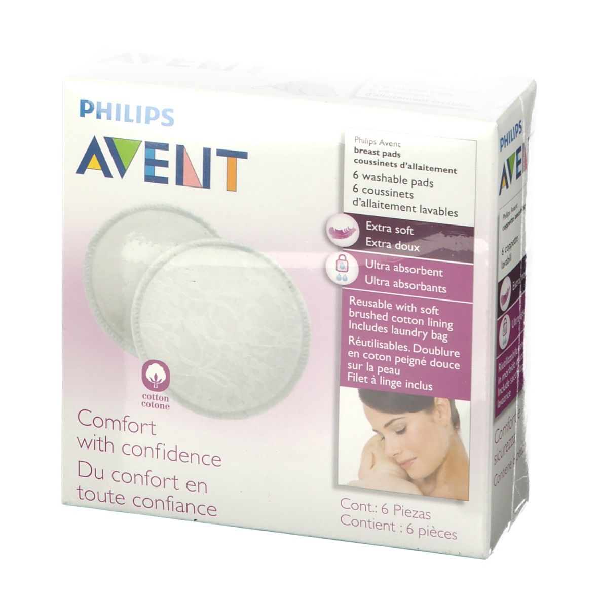 Verpakking met Philips Avent wasbare zoogcompressen. Twee ronde compressen zichtbaar. Opschriften: Extra zacht, ultra absorberend.
