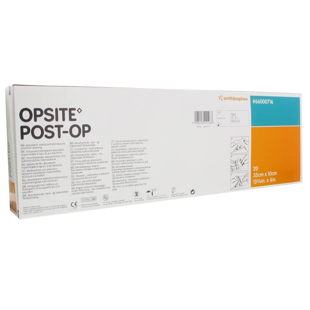 Emballage OPSITE® Post-Op. Boîte blanche avec nom et informations du produit. Inscriptions: 15cm x 10cm, 20 pièces.