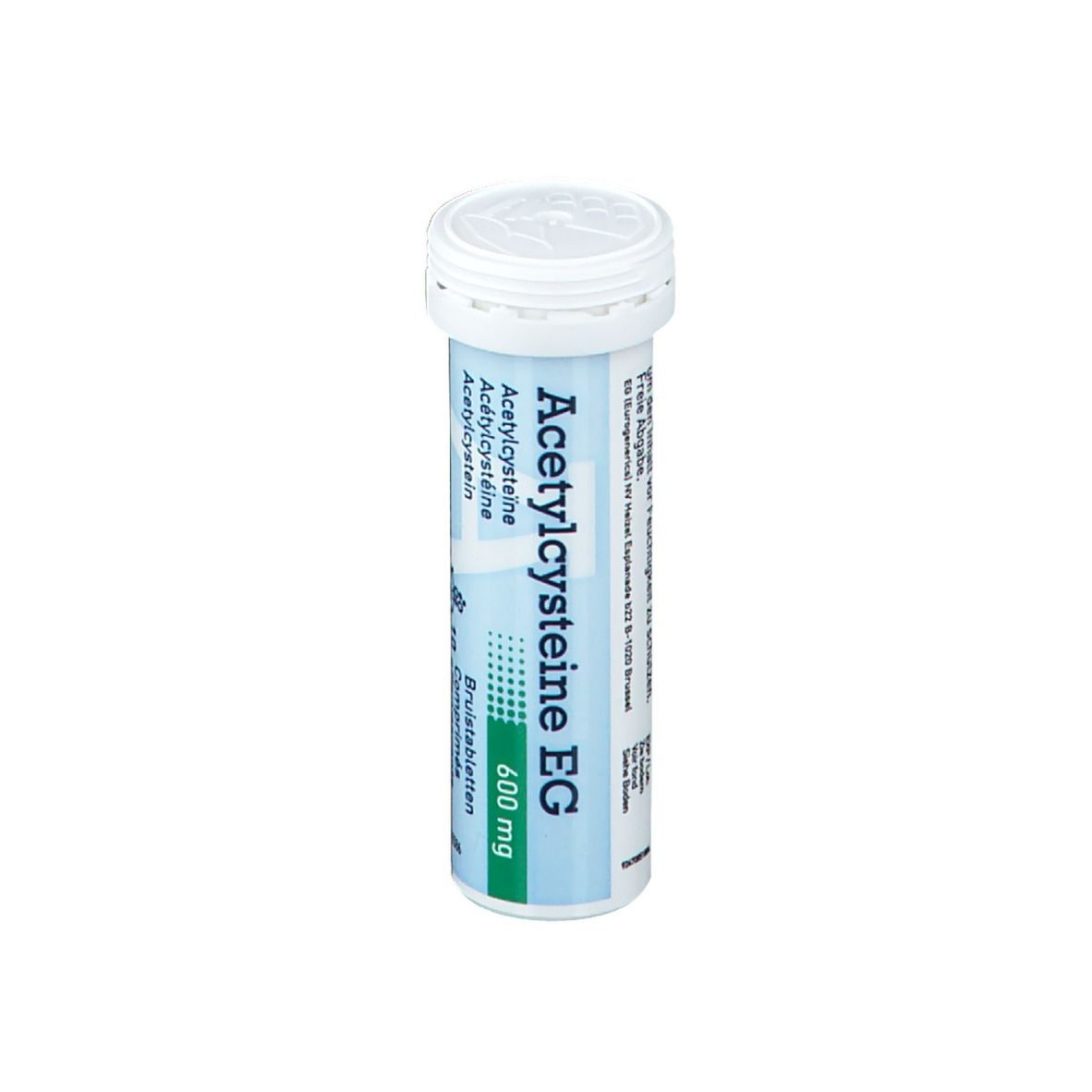 Cilindrische tube met witte dop. Opschrift: Acetylcysteine EG 600 mg. Bruistabletten.