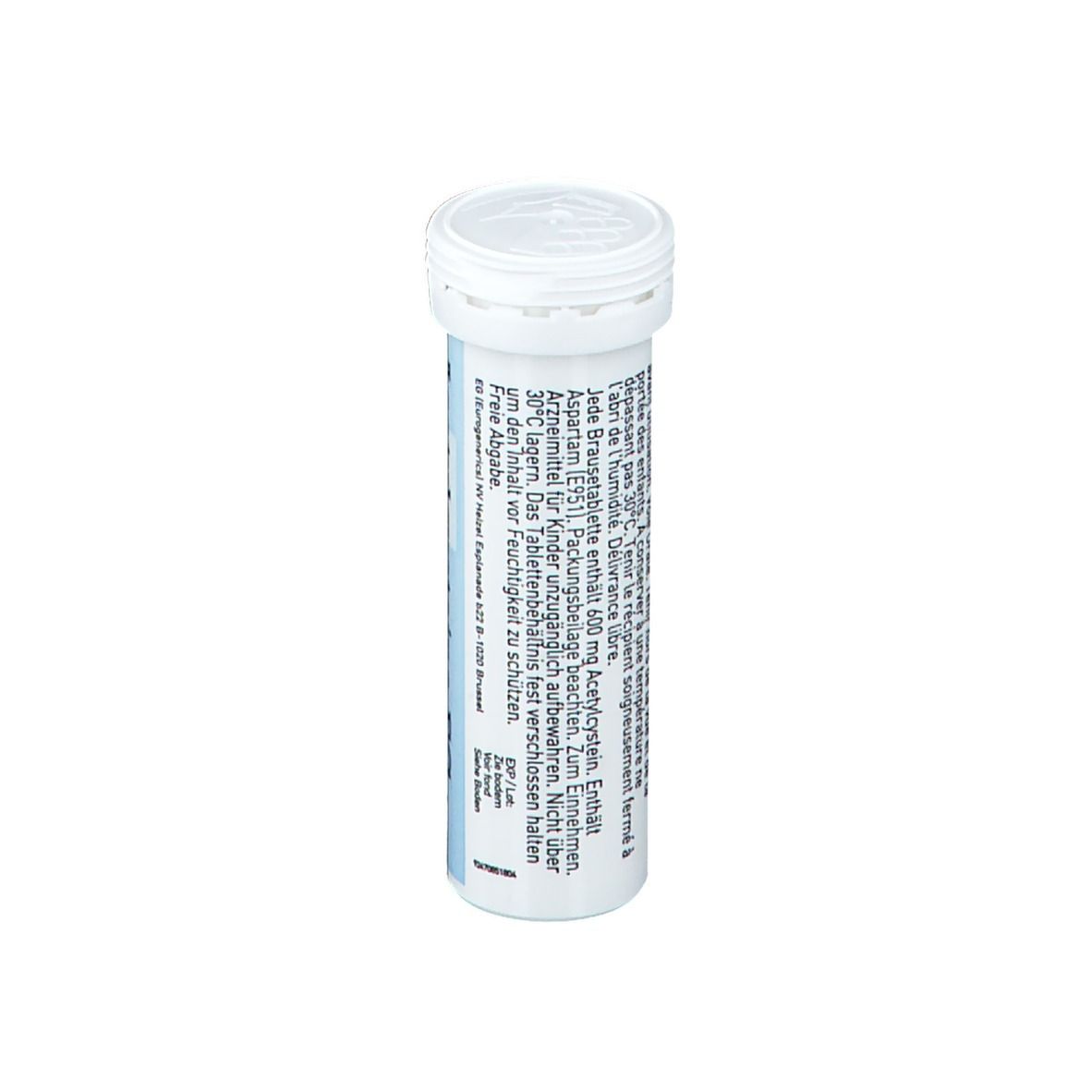 Cilindrische tube met witte dop. Tekst en informatie op de verpakking.