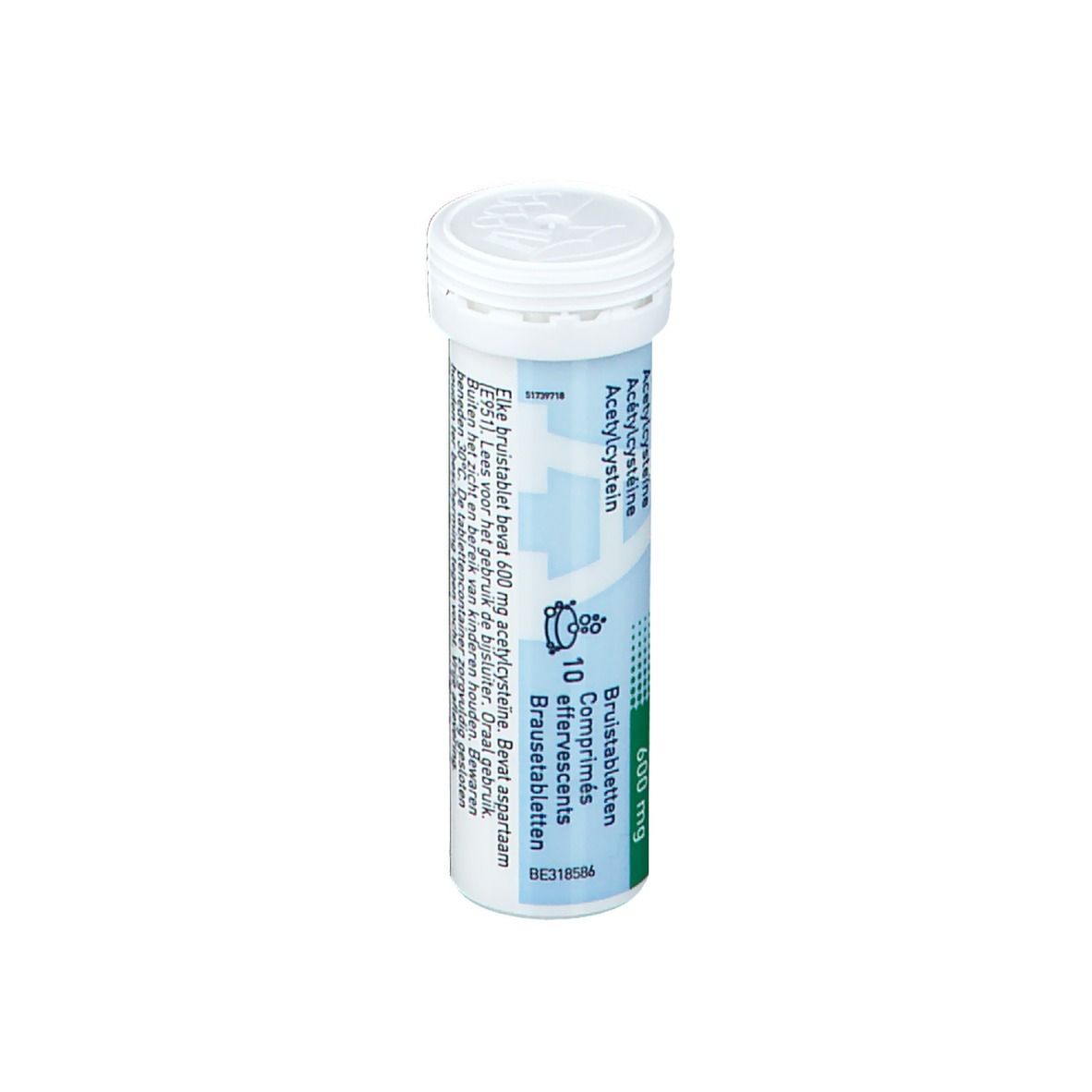 Cilindrische tube met witte dop. Opschrift: Acetylcysteine EG 600 mg. 10 bruistabletten.
