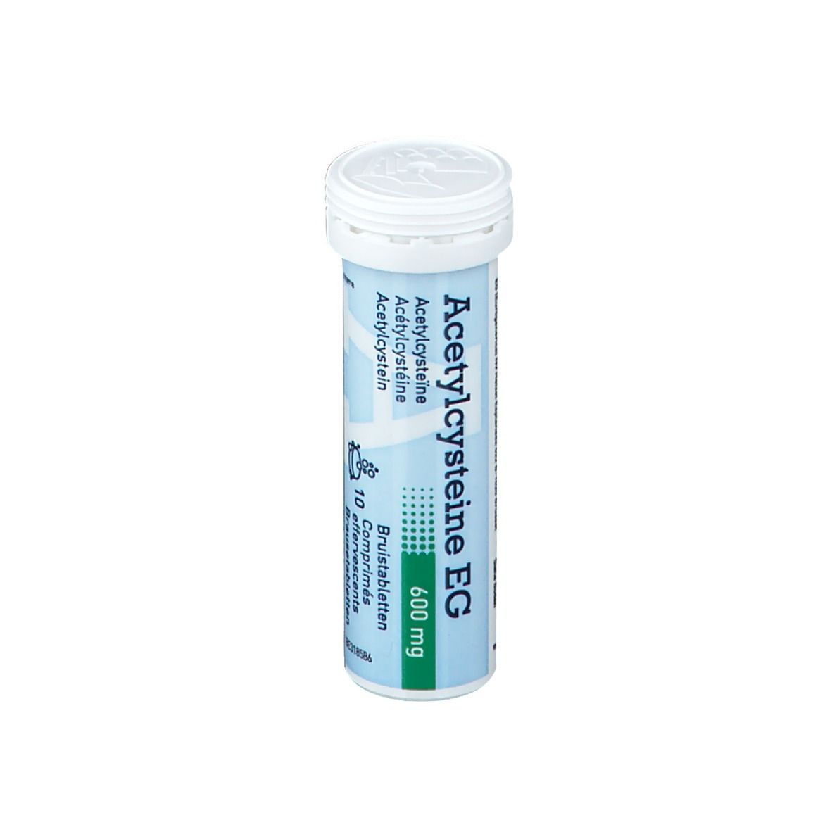Cilindrische tube met witte dop. Opschrift: Acetylcysteine EG 600 mg. Bruistabletten.