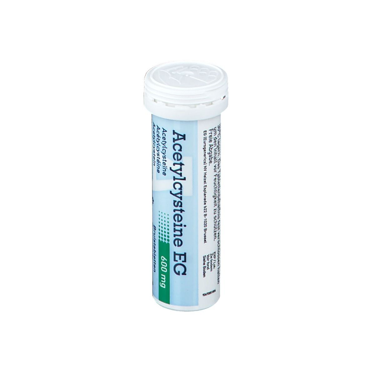 Cilindrische tube met witte dop. Opschrift: Acetylcysteine EG 600 mg. Bruistabletten.
