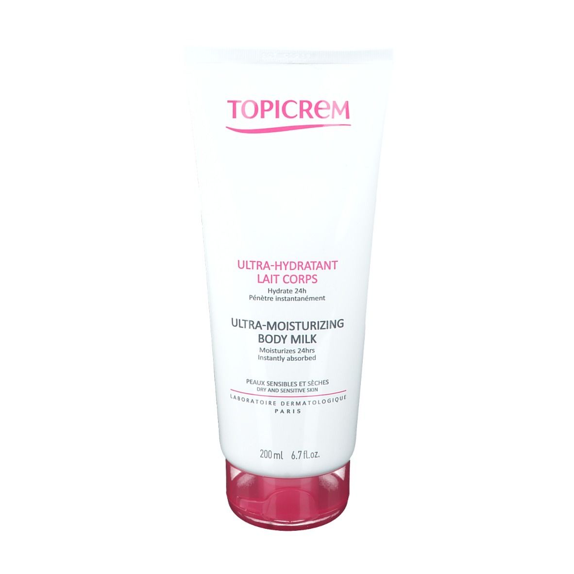 Tube blanc avec bouchon rose. Inscription TOPICREM, Ultra-hydratant Lait Corps, Ultra-Moisturizing Body Milk. 200ml.