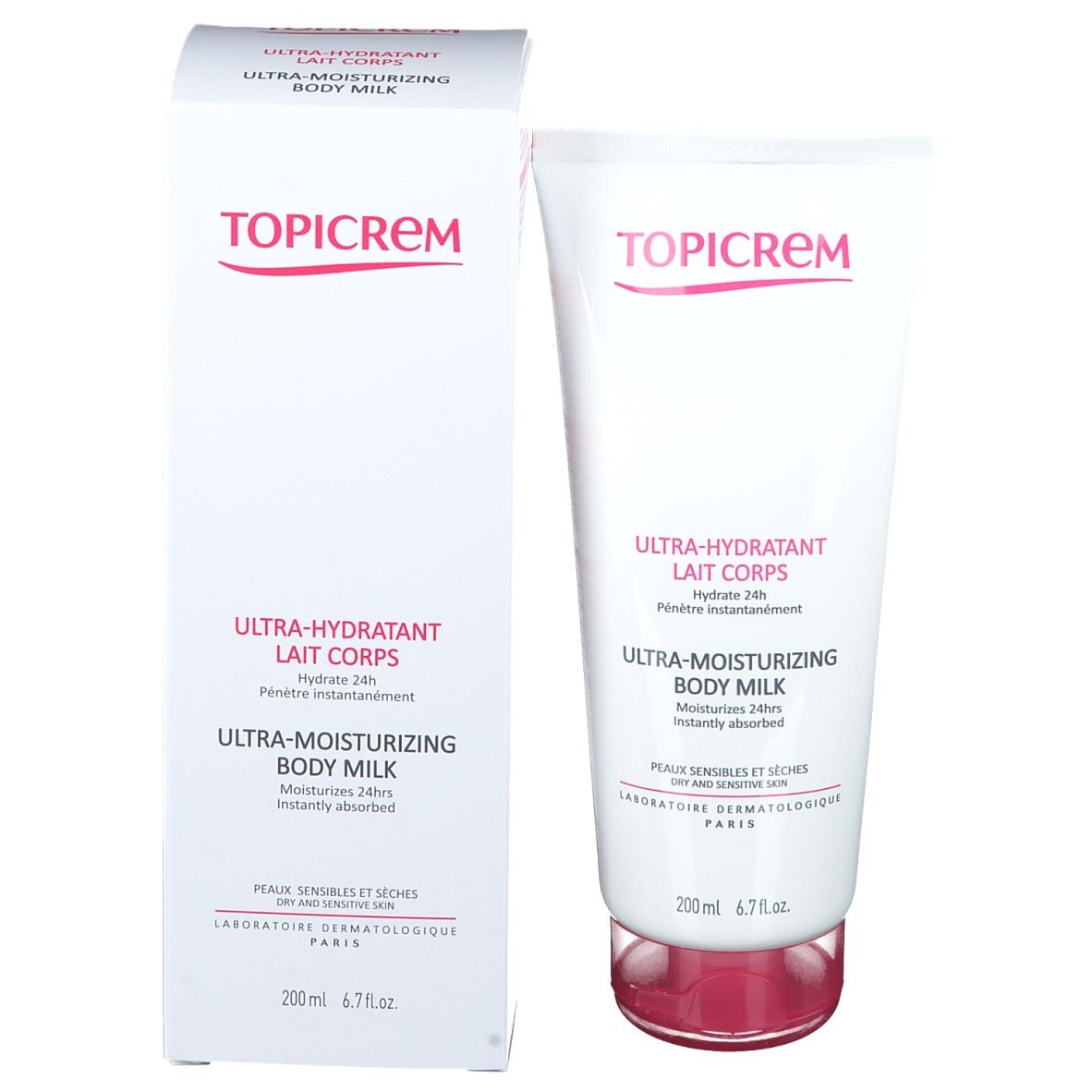 Emballage du produit: tube et boîte. Tube: blanc, bouchon rose. Boîte: blanc, inscription TOPICREM, Ultra-hydratant Lait Corps, 200ml.